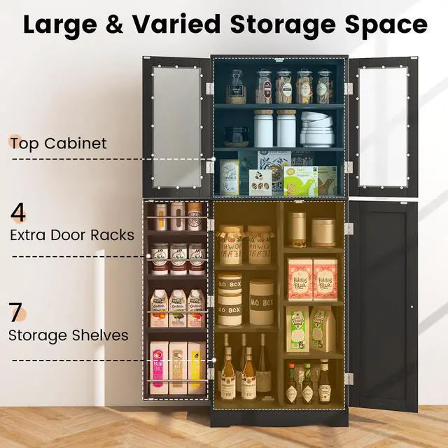 Alt view image 6 of 7 - SlickBlue Tall Kitchen Pantry Cabinet with Dual Tempered Glass Doors and Shelves