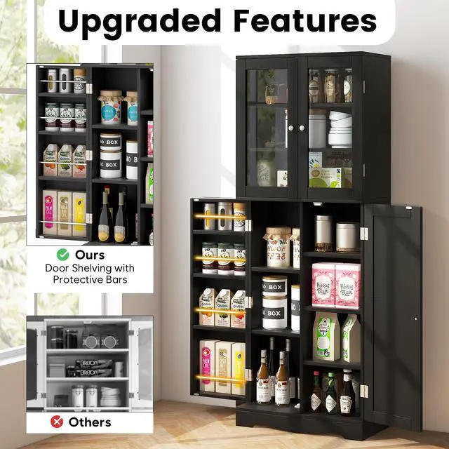 Alt view image 7 of 7 - SlickBlue Tall Kitchen Pantry Cabinet with Dual Tempered Glass Doors and Shelves