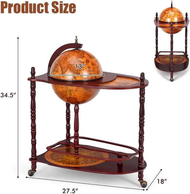 Alt view image 3 of 7 - SlickBlue Vintage Globe Rolling Wine Bar Cart with Extra Shelf