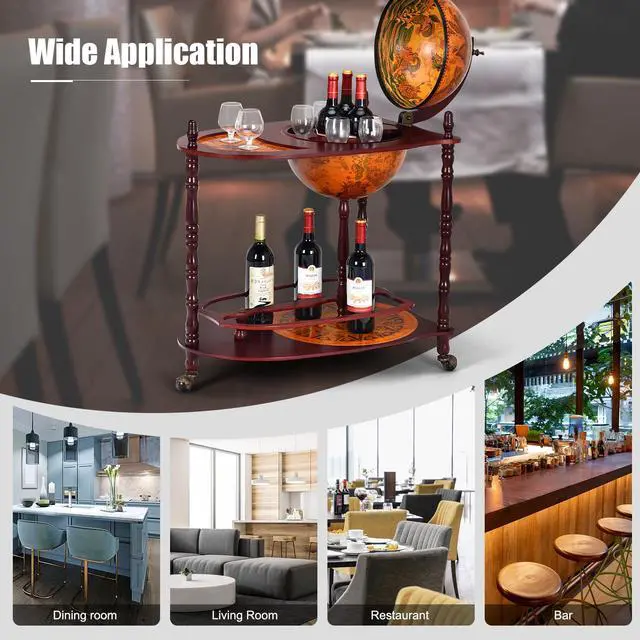 Alt view image 7 of 7 - SlickBlue Vintage Globe Rolling Wine Bar Cart with Extra Shelf