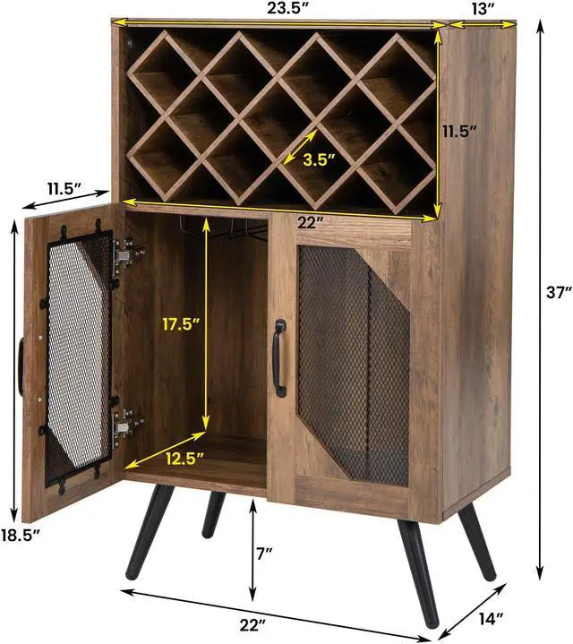 Alt view image 2 of 7 - SlickBlue 2-Door Farmhouse Kitchen Storage Bar Cabinet with Wine Rack and Glass Holder-Rustic Brown