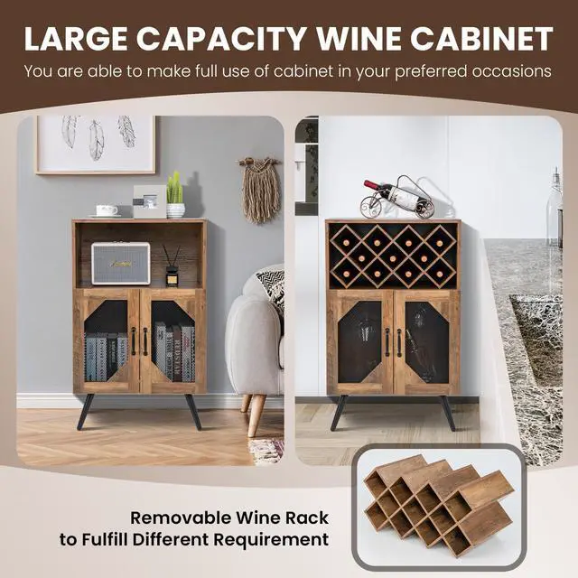 Alt view image 6 of 7 - SlickBlue 2-Door Farmhouse Kitchen Storage Bar Cabinet with Wine Rack and Glass Holder-Rustic Brown