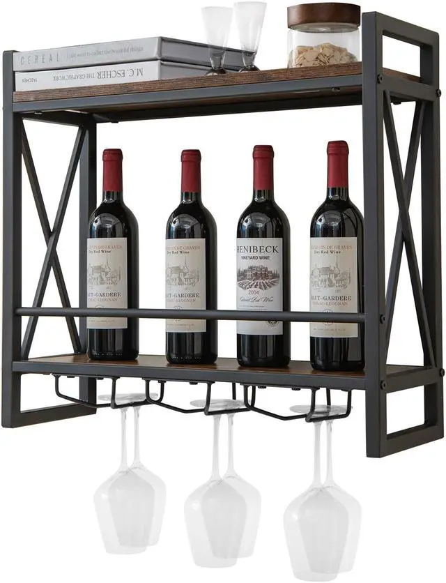 Alt view image 2 of 7 - SlickBlue Industrial Wall Mounted Wine Rack with 3 Stem Glass Holders