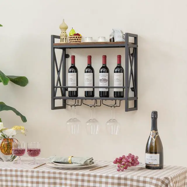 Alt view image 3 of 7 - SlickBlue Industrial Wall Mounted Wine Rack with 3 Stem Glass Holders