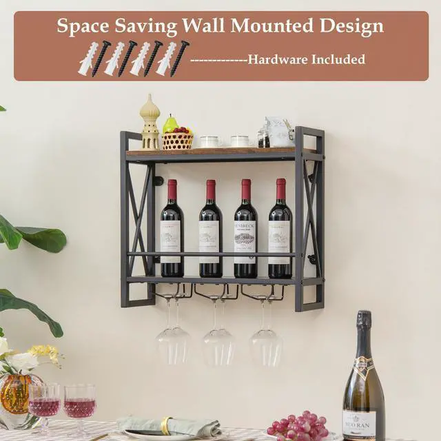 Alt view image 7 of 7 - SlickBlue Industrial Wall Mounted Wine Rack with 3 Stem Glass Holders
