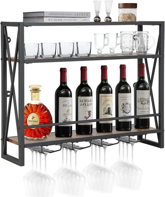 Alt view image 2 of 7 - SlickBlue 3-Tiers Industrial Wall Mounted Wine Rack with Glass Holder and Metal Frame