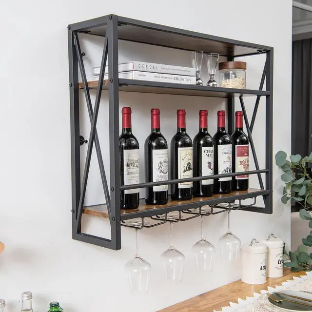Alt view image 4 of 7 - SlickBlue 3-Tiers Industrial Wall Mounted Wine Rack with Glass Holder and Metal Frame