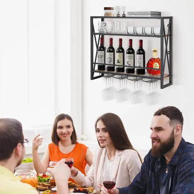 Alt view image 3 of 7 - SlickBlue 3-Tiers Industrial Wall Mounted Wine Rack with Glass Holder and Metal Frame