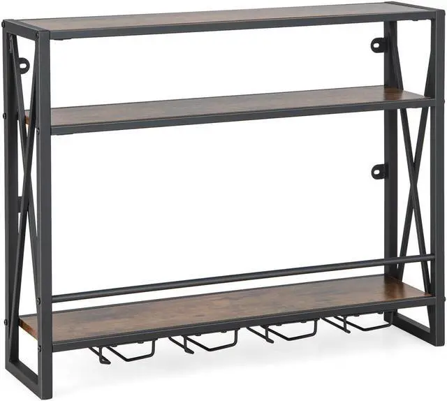 Main image of SlickBlue 3-Tiers Industrial Wall Mounted Wine Rack with Glass Holder and Metal Frame