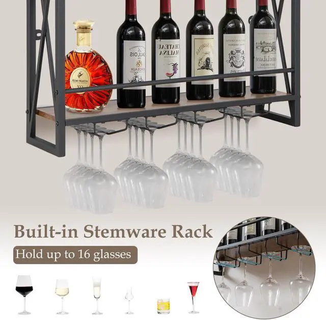 Alt view image 7 of 7 - SlickBlue 3-Tiers Industrial Wall Mounted Wine Rack with Glass Holder and Metal Frame