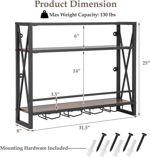 Alt view image 5 of 7 - SlickBlue 3-Tiers Industrial Wall Mounted Wine Rack with Glass Holder and Metal Frame