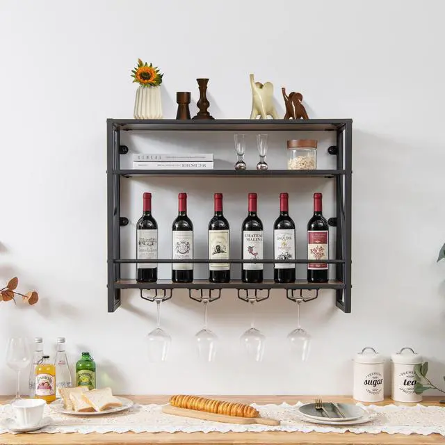 Alt view image 6 of 7 - SlickBlue 3-Tiers Industrial Wall Mounted Wine Rack with Glass Holder and Metal Frame