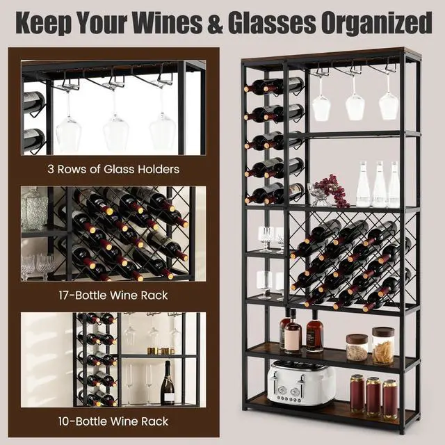 Alt view image 6 of 7 - SlickBlue Industrial Floor Wine Rack with 3 Rows of Stemware Racks
