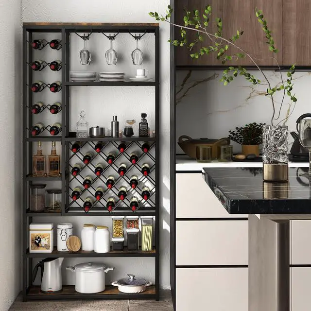 Alt view image 3 of 7 - SlickBlue Industrial Floor Wine Rack with 3 Rows of Stemware Racks