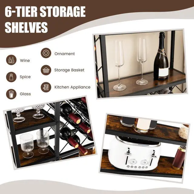 Alt view image 7 of 7 - SlickBlue Industrial Floor Wine Rack with 3 Rows of Stemware Racks