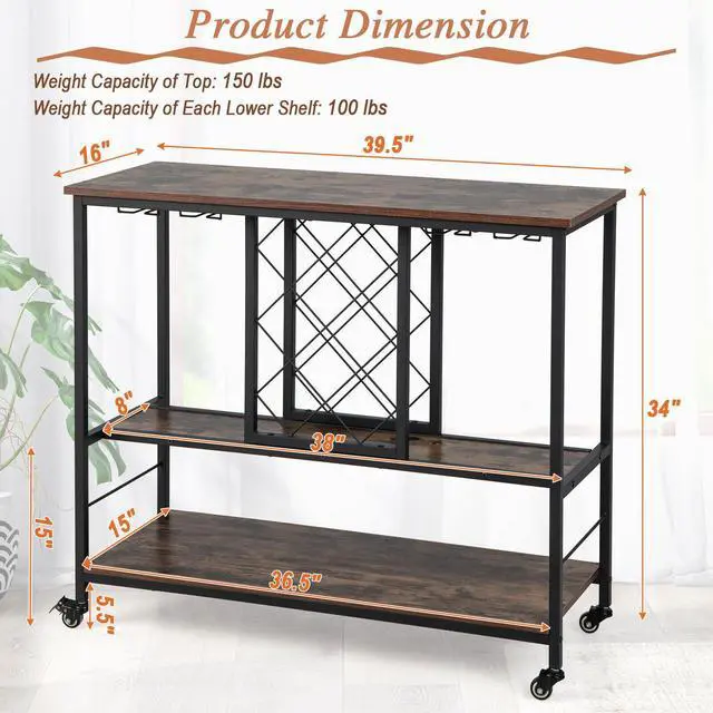 Alt view image 5 of 7 - SlickBlue 3-Tier Wine Bar Cabinet wit 8 Bottles Rack and 12 Glasses Hanger-Rustic Brown