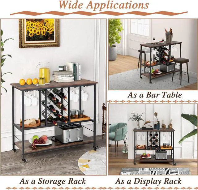 Alt view image 4 of 7 - SlickBlue 3-Tier Wine Bar Cabinet wit 8 Bottles Rack and 12 Glasses Hanger-Rustic Brown