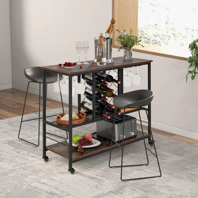 Alt view image 2 of 7 - SlickBlue 3-Tier Wine Bar Cabinet wit 8 Bottles Rack and 12 Glasses Hanger-Rustic Brown