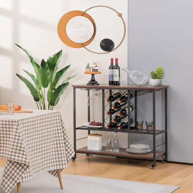 Alt view image 6 of 7 - SlickBlue 3-Tier Wine Bar Cabinet wit 8 Bottles Rack and 12 Glasses Hanger-Rustic Brown