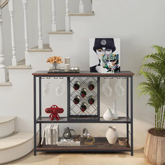 Alt view image 3 of 7 - SlickBlue 3-Tier Wine Bar Cabinet wit 8 Bottles Rack and 12 Glasses Hanger-Rustic Brown