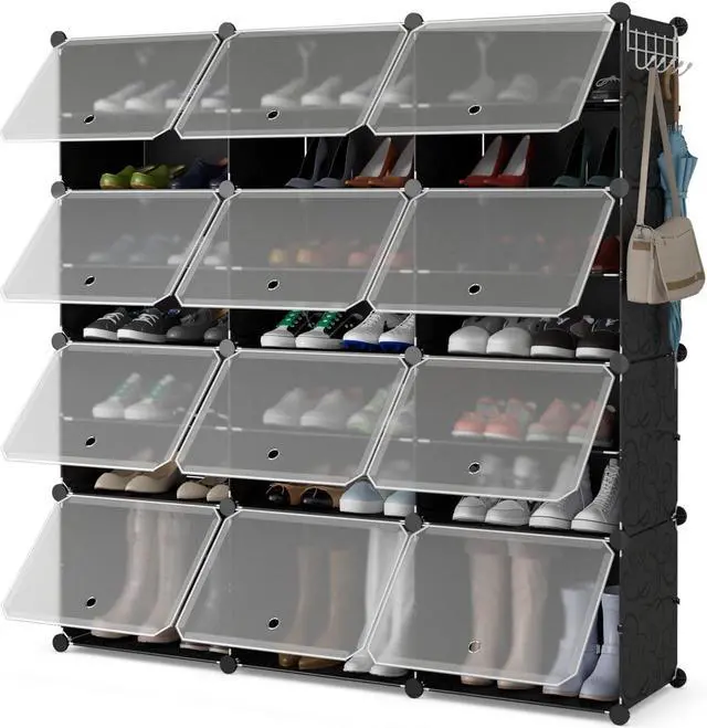 Main image of SlickBlue 12-Cube 48 Pairs Portable Shoe Shelves with Hook-Black