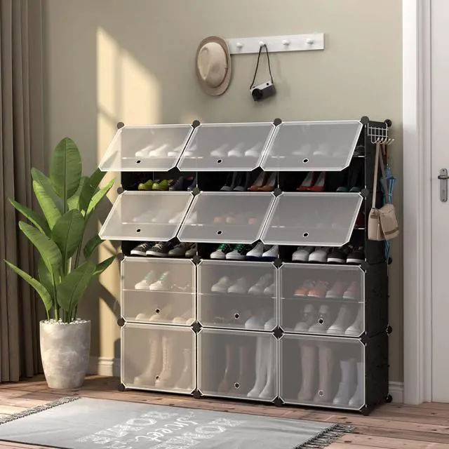 Alt view image 4 of 7 - SlickBlue 12-Cube 48 Pairs Portable Shoe Shelves with Hook-Black