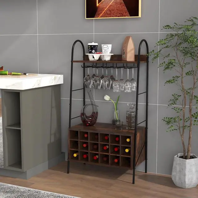 Alt view image 2 of 7 - SlickBlue Baker's Rack with Detachable Wine Rack and 5 Rows of Stemware Holder-Rustic Brown