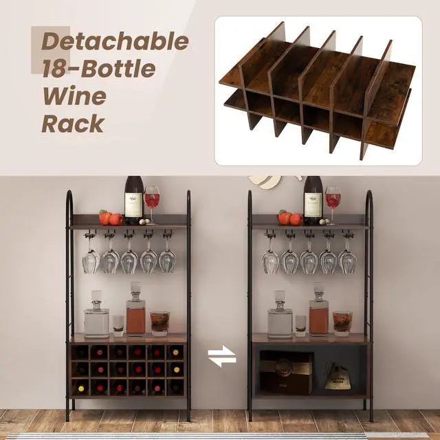 Alt view image 6 of 7 - SlickBlue Baker's Rack with Detachable Wine Rack and 5 Rows of Stemware Holder-Rustic Brown