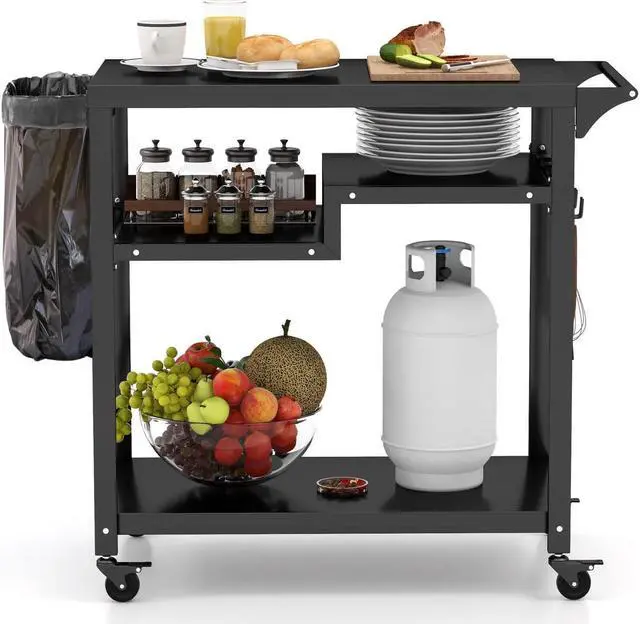 Alt view image 4 of 7 - SlickBlue Rolling Grill Cart 3-Shelf BBQ Cart with Hooks and Side Handle