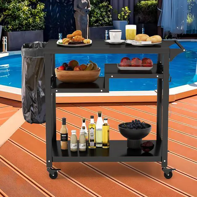 Alt view image 6 of 7 - SlickBlue Rolling Grill Cart 3-Shelf BBQ Cart with Hooks and Side Handle