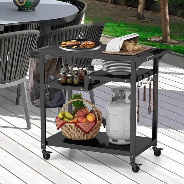 Alt view image 3 of 7 - SlickBlue Rolling Grill Cart 3-Shelf BBQ Cart with Hooks and Side Handle