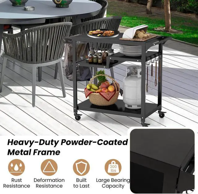 Alt view image 7 of 7 - SlickBlue Rolling Grill Cart 3-Shelf BBQ Cart with Hooks and Side Handle