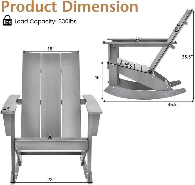 Alt view image 6 of 7 - SlickBlue Adirondack Rocking Chair with Curved Back for Balcony-Grey