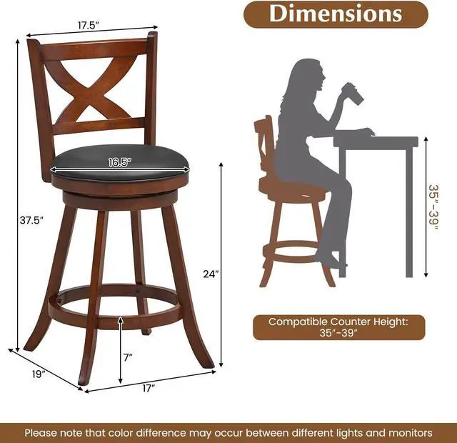Alt view image 5 of 7 - SlickBlue 2 Pieces Classic Counter Height Swivel Bar Stool Set with X-shaped Open Back-24 Inch