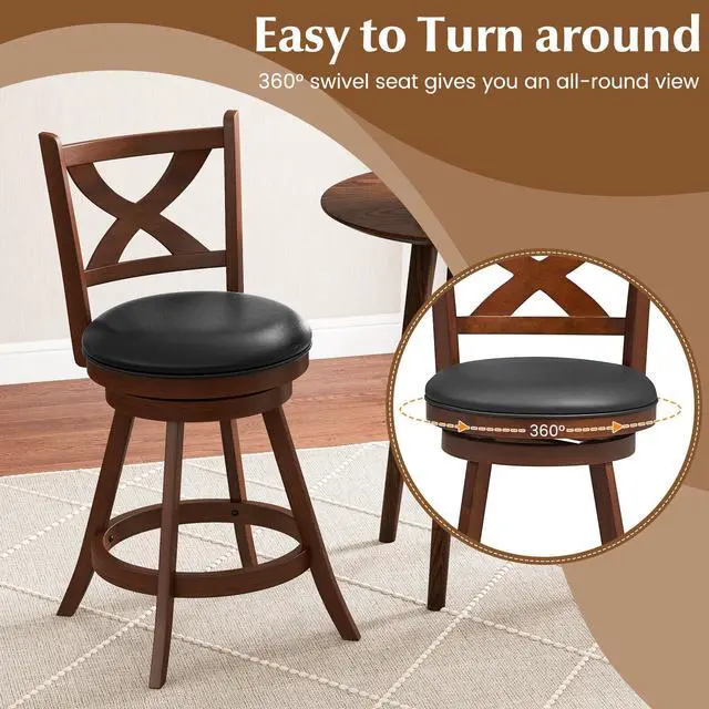 Alt view image 6 of 7 - SlickBlue 2 Pieces Classic Counter Height Swivel Bar Stool Set with X-shaped Open Back-24 Inch