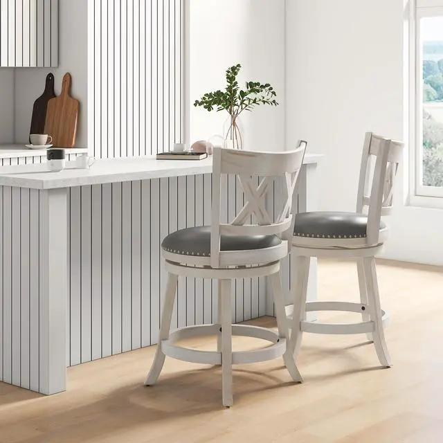 Alt view image 2 of 7 - SlickBlue 25.5 Inch Hand-Antiqued Stool Set of 2 with Wider Padded Seat-White