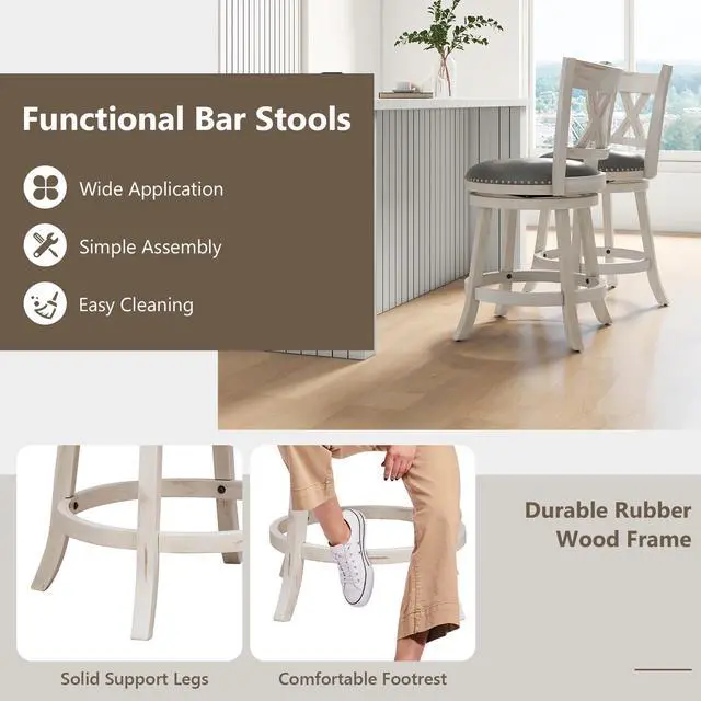 Alt view image 7 of 7 - SlickBlue 25.5 Inch Hand-Antiqued Stool Set of 2 with Wider Padded Seat-White