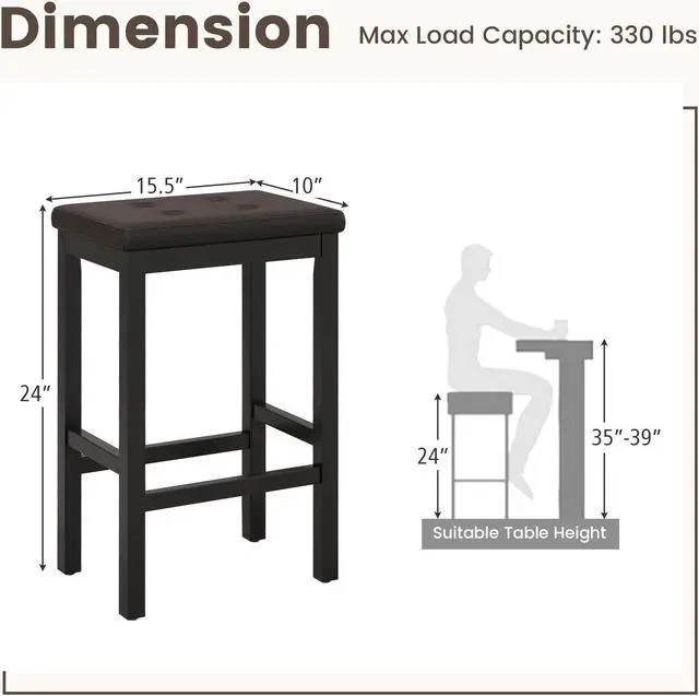 Alt view image 4 of 7 - SlickBlue 24" Bar Stools with Padded Seat Footrest and Rubber Wood Frame