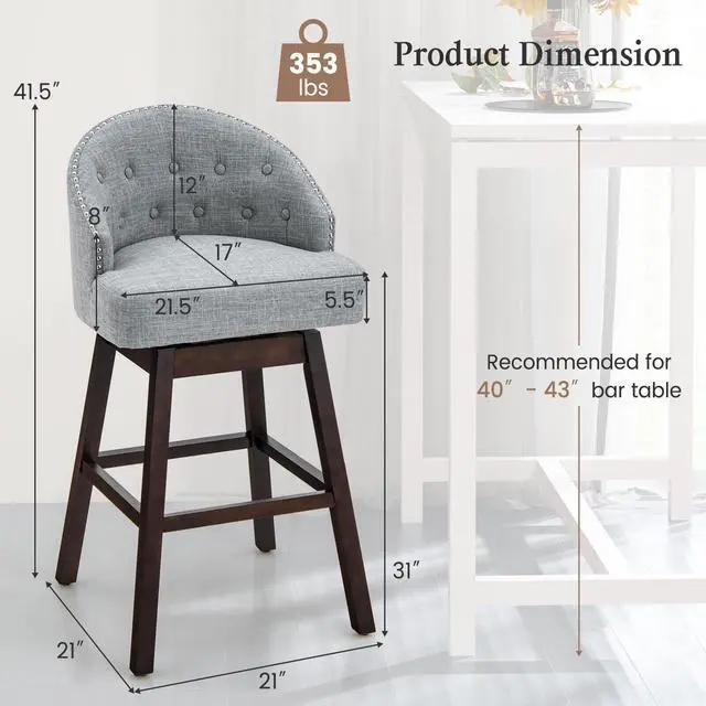 Alt view image 3 of 7 - SlickBlue Set of 2 Swivel Bar Stools with Rubber Wood Legs and Padded Back
