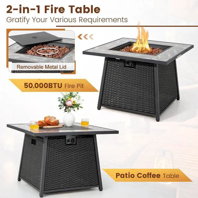 Alt view image 5 of 7 - SlickBlue 35 Inch Propane Gas Fire Pit Table Wicker Rattan with Lava Rocks PVC Cover-Black