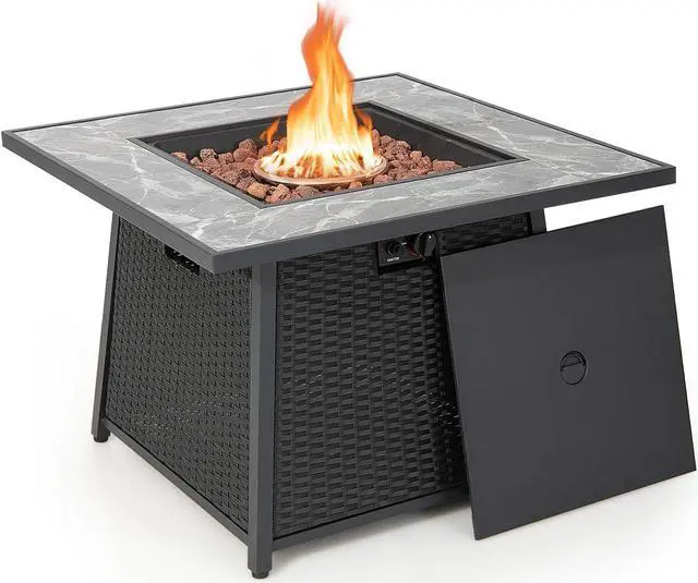 Main image of SlickBlue 35 Inch Propane Gas Fire Pit Table Wicker Rattan with Lava Rocks PVC Cover-Black