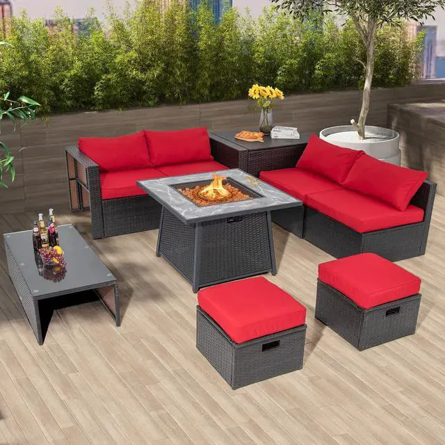 Alt view image 3 of 7 - SlickBlue 35 Inch Propane Gas Fire Pit Table Wicker Rattan with Lava Rocks PVC Cover-Black