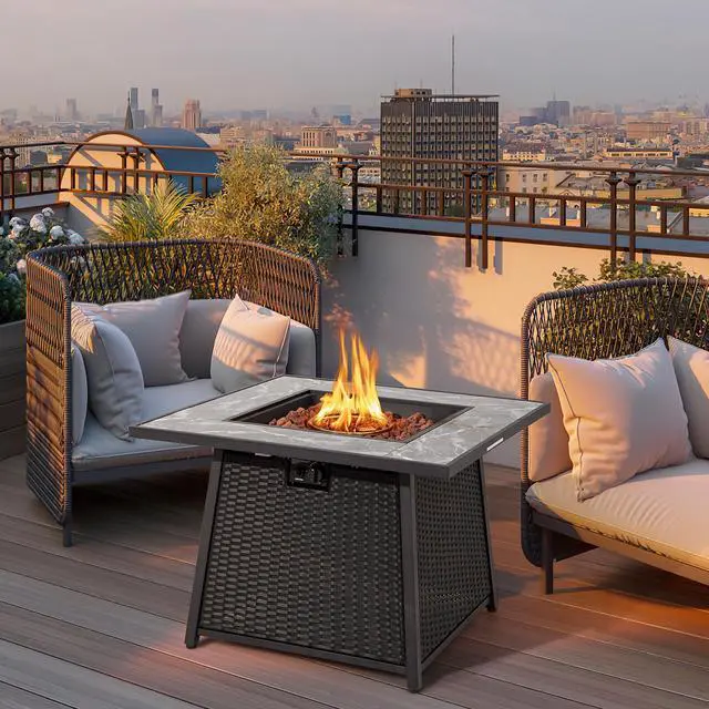 Alt view image 2 of 7 - SlickBlue 35 Inch Propane Gas Fire Pit Table Wicker Rattan with Lava Rocks PVC Cover-Black