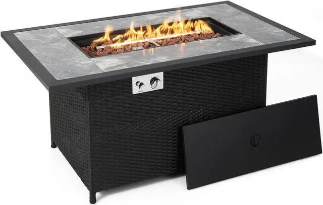 Main image of SlickBlue 52 Inch Rattan Wicker Propane Fire Pit Table with Rain Cover and Lava Rock-Black
