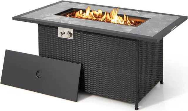 Alt view image 5 of 7 - SlickBlue 52 Inch Rattan Wicker Propane Fire Pit Table with Rain Cover and Lava Rock-Black