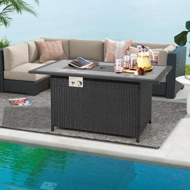 Alt view image 2 of 7 - SlickBlue 52 Inch Rattan Wicker Propane Fire Pit Table with Rain Cover and Lava Rock-Black