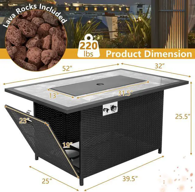 Alt view image 6 of 7 - SlickBlue 52 Inch Rattan Wicker Propane Fire Pit Table with Rain Cover and Lava Rock-Black