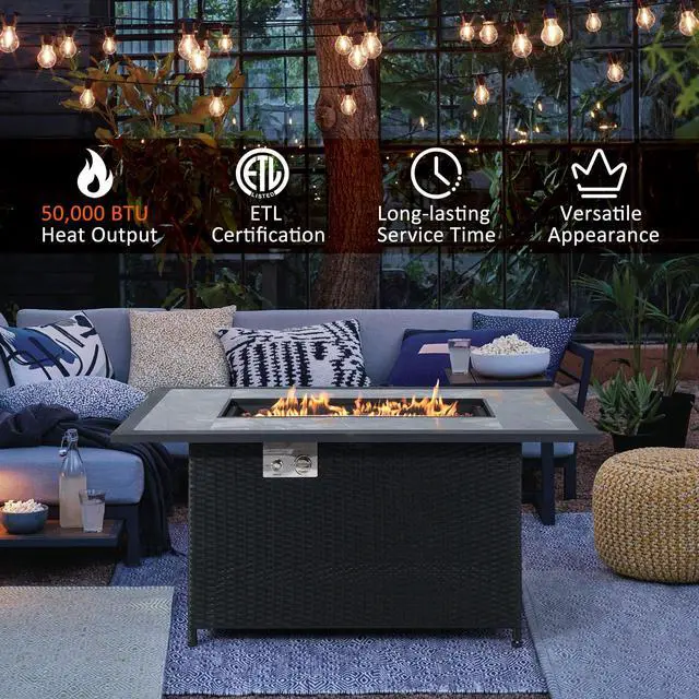 Alt view image 3 of 7 - SlickBlue 52 Inch Rattan Wicker Propane Fire Pit Table with Rain Cover and Lava Rock-Black