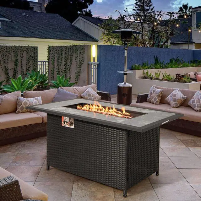 Alt view image 4 of 7 - SlickBlue 52 Inch Rattan Wicker Propane Fire Pit Table with Rain Cover and Lava Rock-Black
