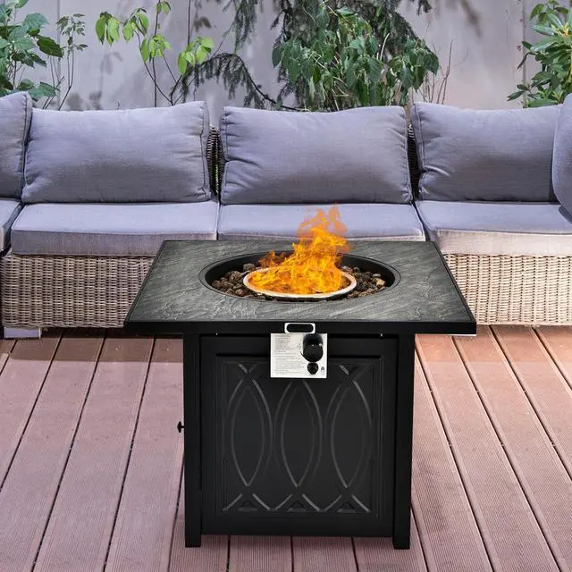 Alt view image 3 of 7 - SlickBlue 32 Inch Propane Fire Pit Table Square Tabletop with Lava Rocks Cover 50000 BTU-Black
